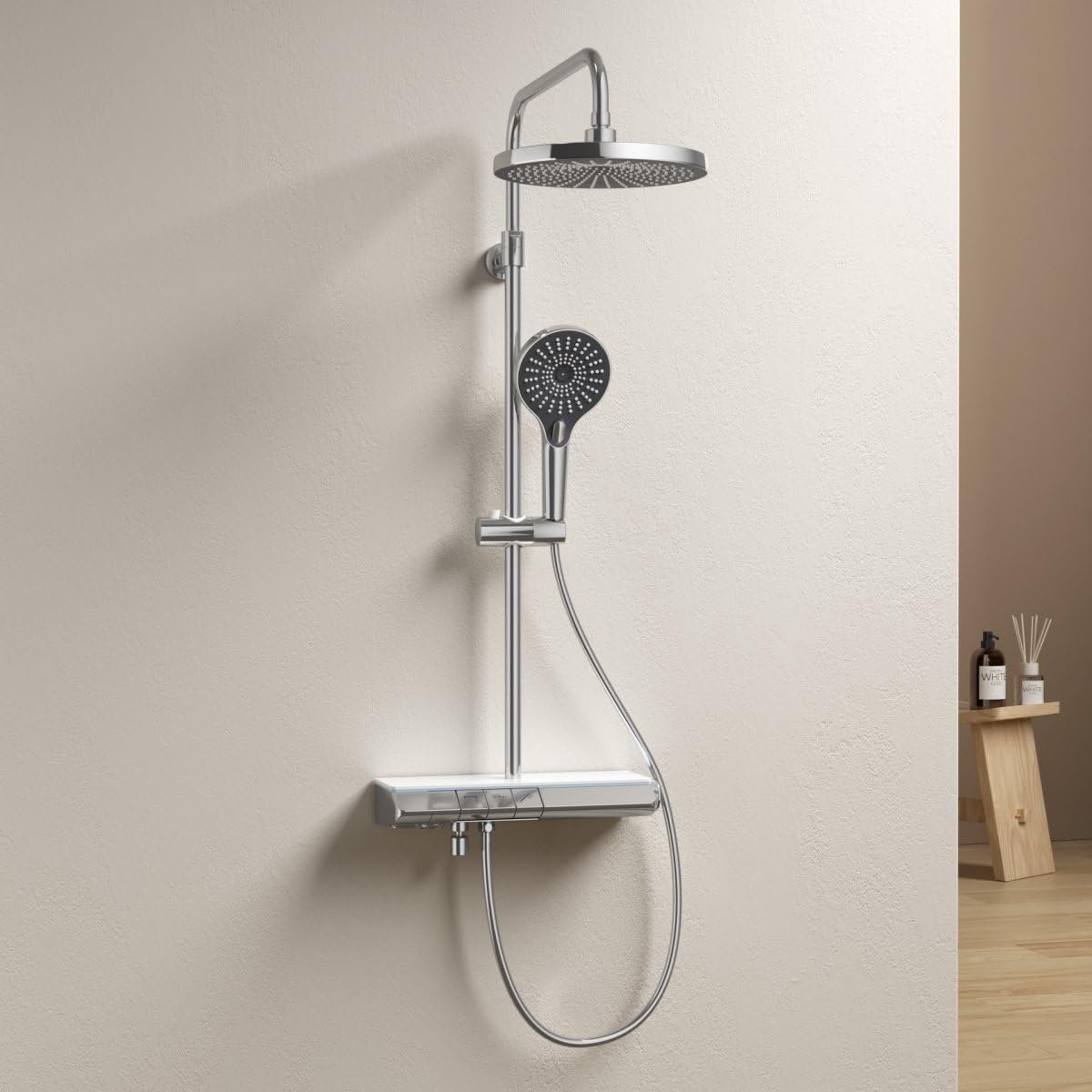 SnelShoppen - Douchesysteem met Thermostaat Chroom, Regendouche met Digitaal Display, Complete Set met Handdouche en 3 Straalsoorten, Luxe Douchearmat