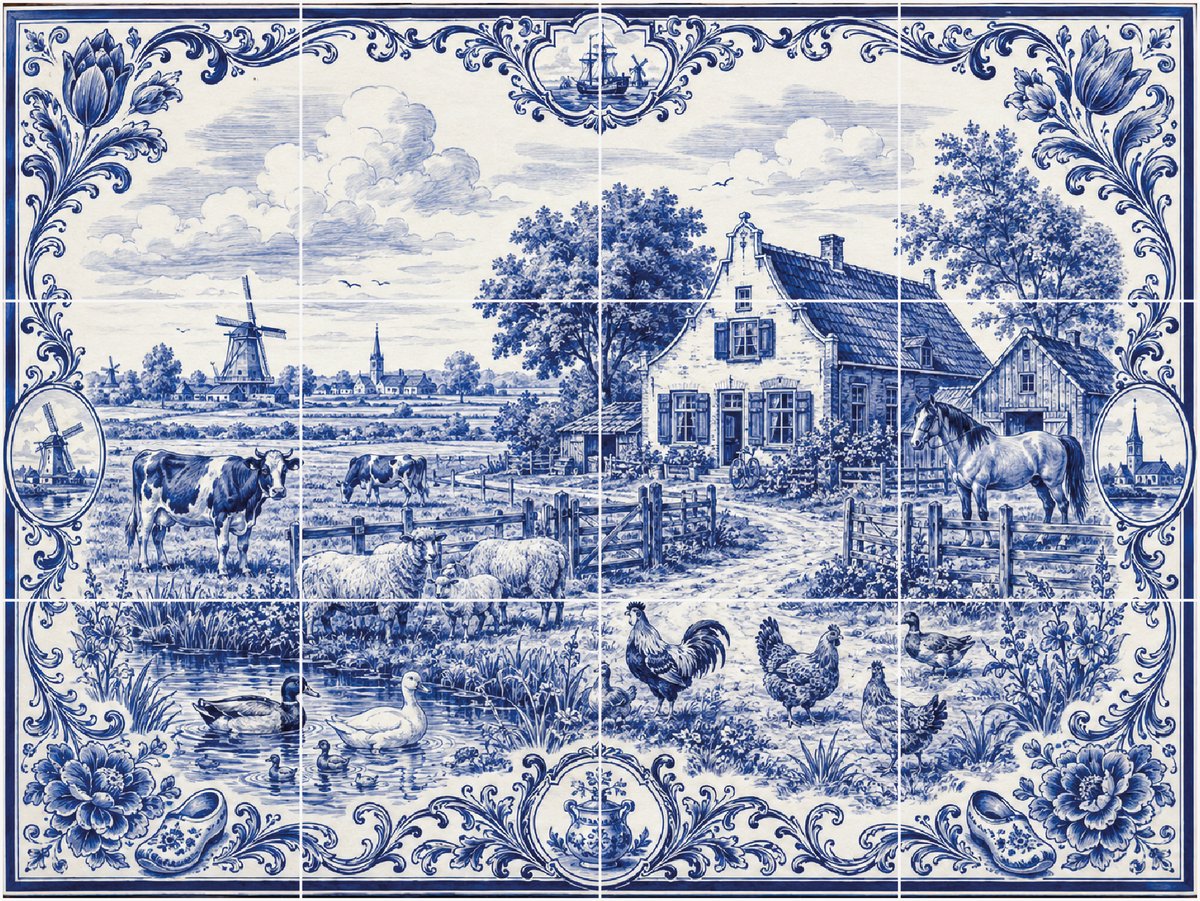 Delfts Blauw fotomozaïek boerderij (12 stickers) 15 x 15cm per sticker - tegelstickers - backsplash - peel and stick - plakfolie - voor badkamer, keuken of toilet - zelfklevend