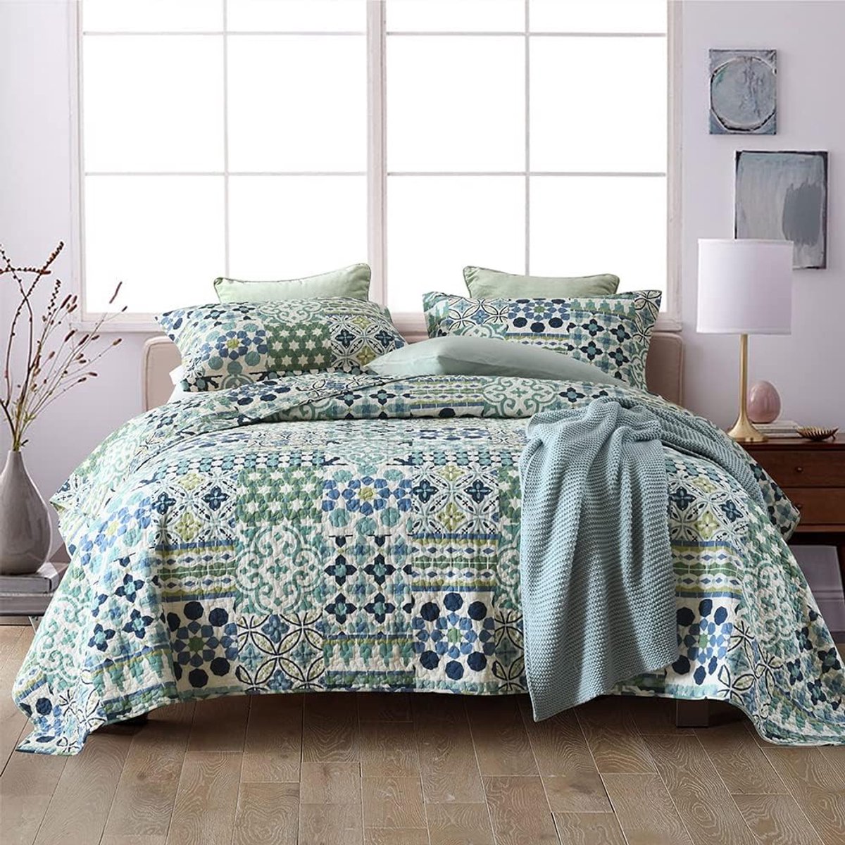Thijox - Sprei 220x240 cm, Katoenen Bedsprei met Dekbed en 2 Kussenslopen, Bohemische Stijl, Luxe Quilt voor Tweepersoonsbed, Groene Kleur, Ideaal voo