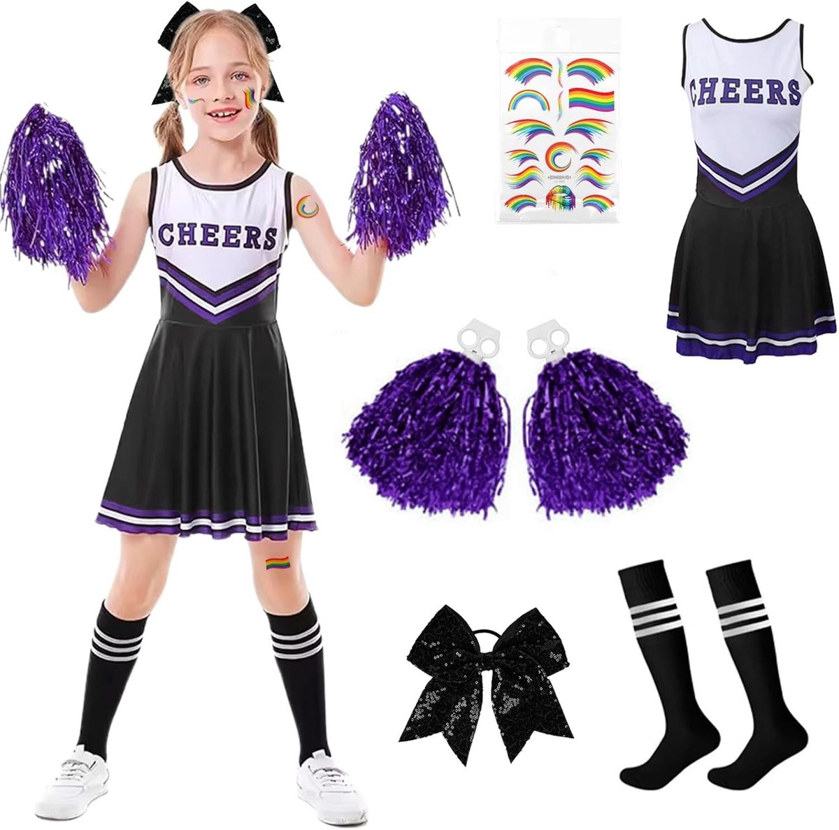Zwart Cheerleader Kostuum voor Meisjes met Jurk, Pompoms, Sokken, Strik en Stickers voor Carnaval en Feestjes
