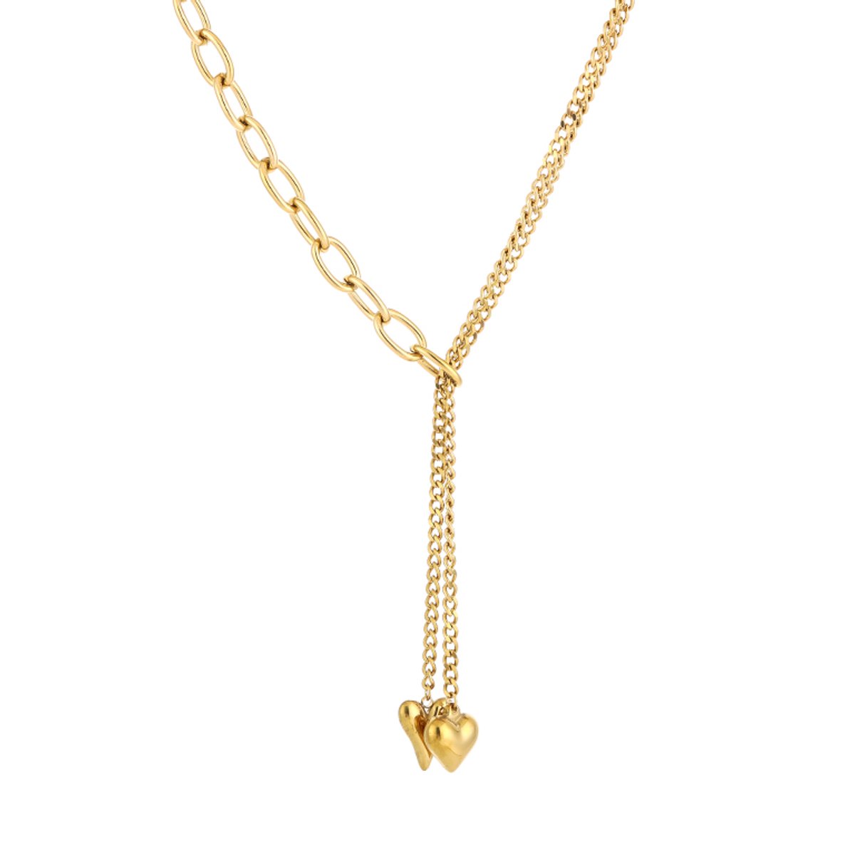 Luxe Y-Ketting Stainless Steel - Elegante Gemengde Schakelketting met Hart Hangers - Chique Dames Sieraad