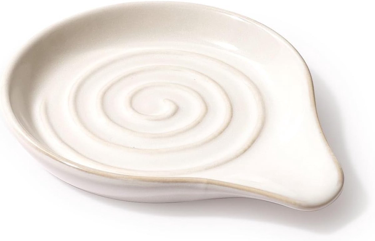 Keramische lepelhouder met spiraalpatroon, handgemaakt aardewerk, hittebestendig en vaatwasmachinebestendig, elegant saliewit voor keukenaccessoires en rustieke inrichting
