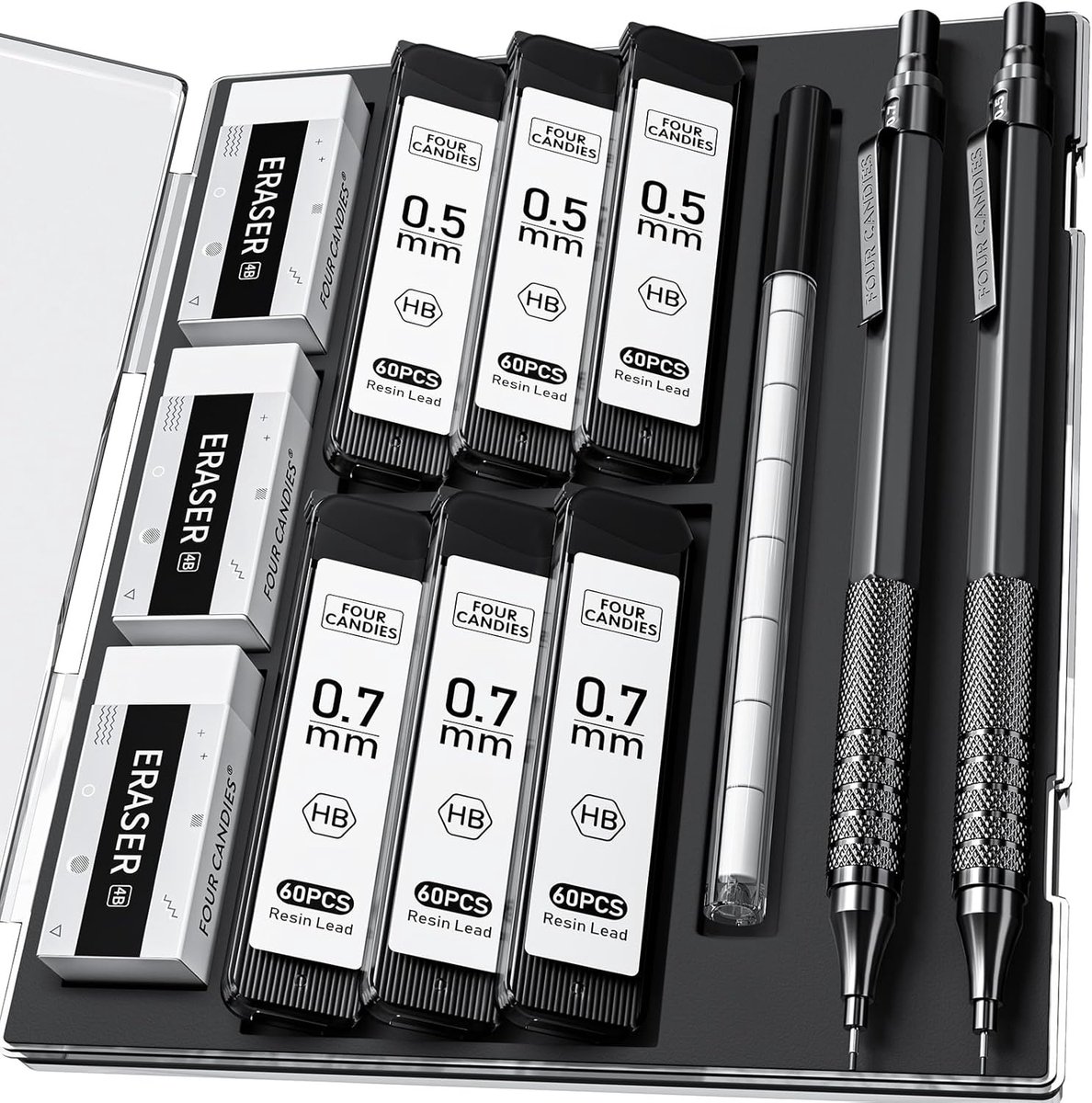 SnelShoppen - Four Candies Drukpotloden 0,5 mm en 0,7 mm, zwart metaal, inclusief etui, kunstenaarspotlood met 360 HB vullingen en 3 gummen voor teken