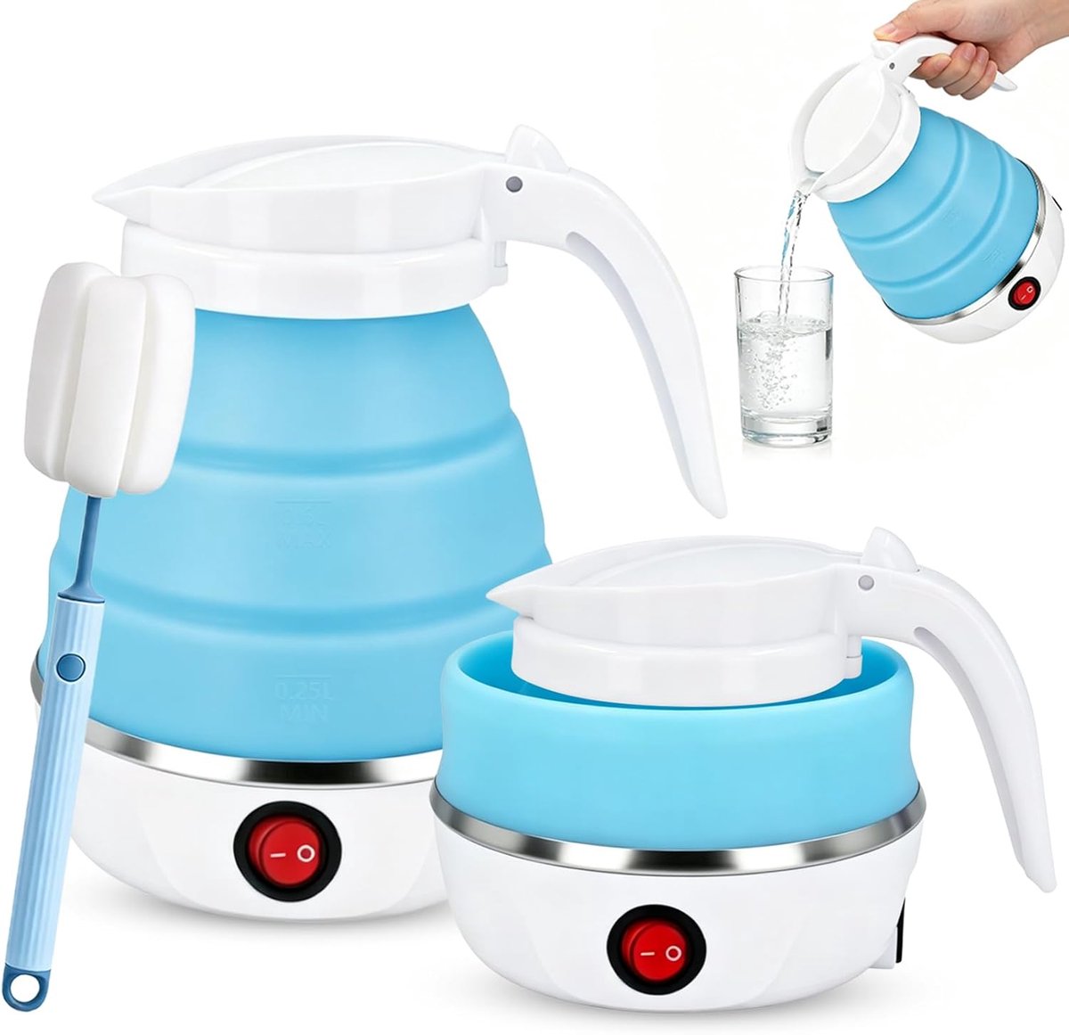 SnelShoppen - Opvouwbare Waterkoker 600 ml, Draagbare Siliconen Reiswaterkoker met Klapborstel, Mini Elektrische Waterkoker voor Camping, Keuken, Reiz