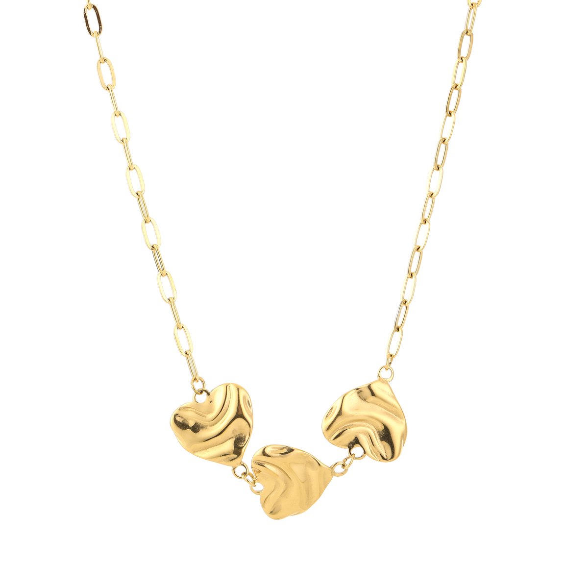 Harten Ketning Dames - Roestvrij Staal (RVS) - Met Drie Bewerkte Hartjes Bedels - Schakelschakel Ketting 40+5 cm - Sieraden Cadeau voor Vrouw - Goud