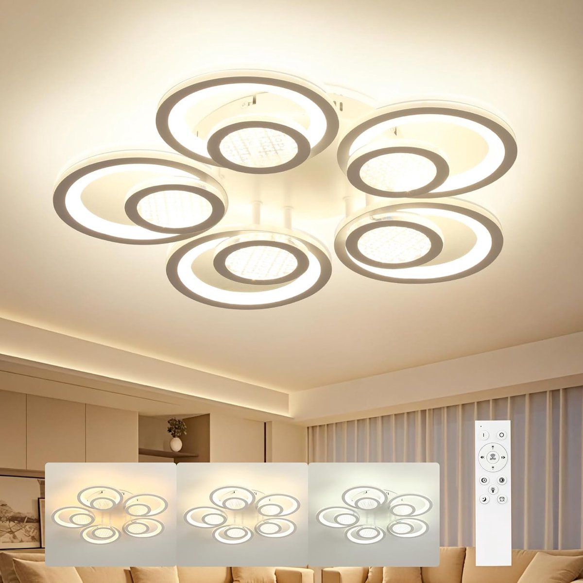 SnelShoppen - Dimbare Led-plafondlamp voor Woonkamer, Moderne Bloemvorm, 3000-6500 K, Met Afstandsbediening, Timer en Nachtlampje, 54 cm voor Slaapkam