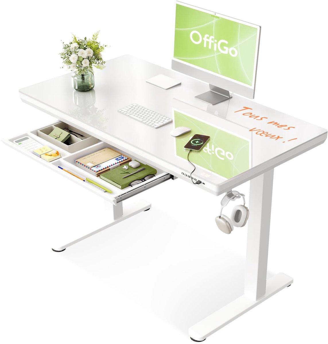 SnelShoppen - Hoogteverstelbaar Glazen Bureau met Laden, 120 x 60 cm, Wit - Modern Bureau voor Thuiswerk, Kantoor of Studieplek