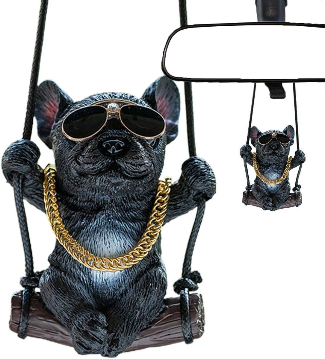 Hond Auto Ornament - Franse Bulldog - Auto Interieur - Zwaaiend Beeldje - 8.5 x 5.7 cm - Zwart