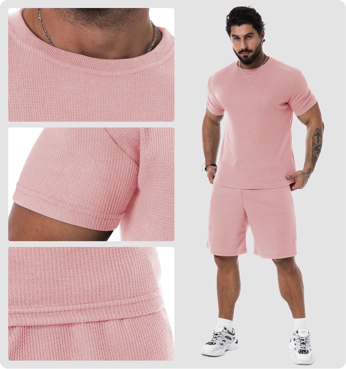SnelShoppen - Zomerse 2-delige set voor heren, casual shorts en shirt, ademend en losvallend, roze, maat XL, perfect voor vakantie en tuin