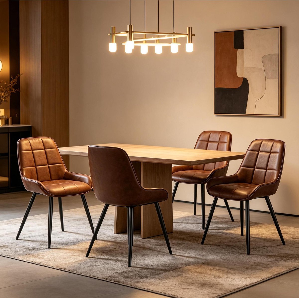 HAUSS SPOLE Eetkamerstoel - Set Van 4 - Comfortabel Met Gewatteerde Zitting En Armleuningen - Voor Eetkamer, Keuken En Thuiswerkplek - Kunstleer Metaal Bruin