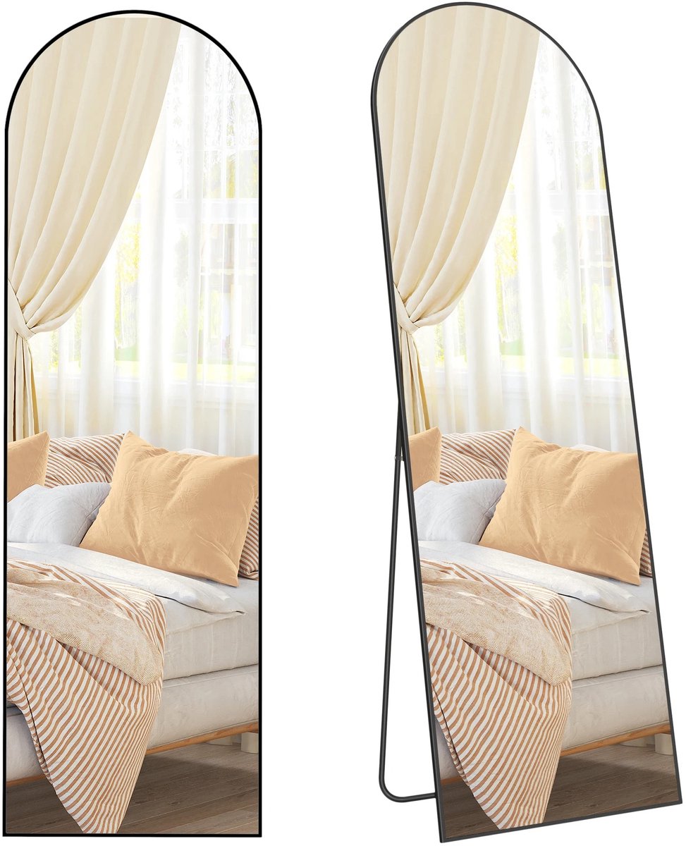 Spiegel staand - Halve maan spiegel - Spiegel rond - Gebogen spiegel - Sesign frame - Geschikt voor hal, slaapkamer, woonkamer, logeerkamer - Zwart