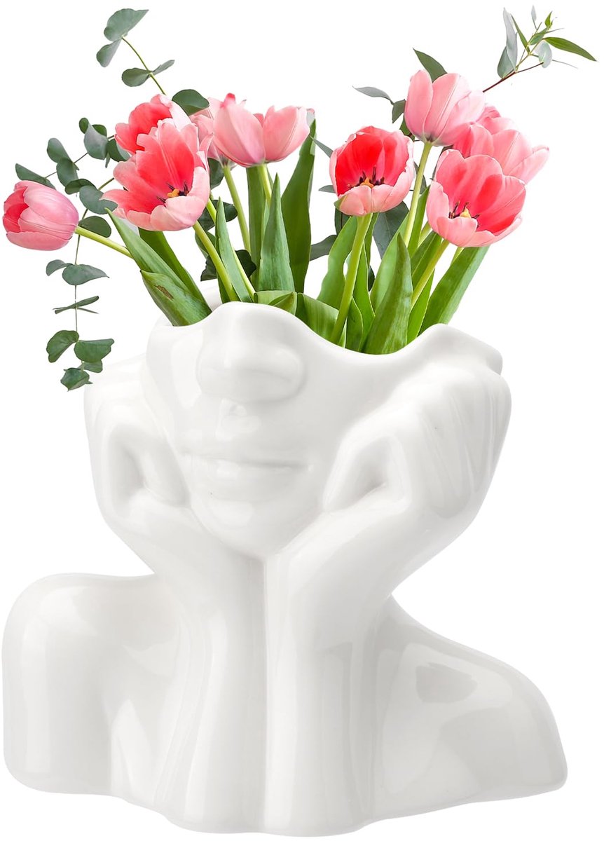 SnelShoppen - Keramische Vaas Wit 14 x 12,5 cm met Gezicht, Moderne Bloempot, Decoratief voor Woonkamer, Tafel, Kantoor, Esthetische Bloemenvase