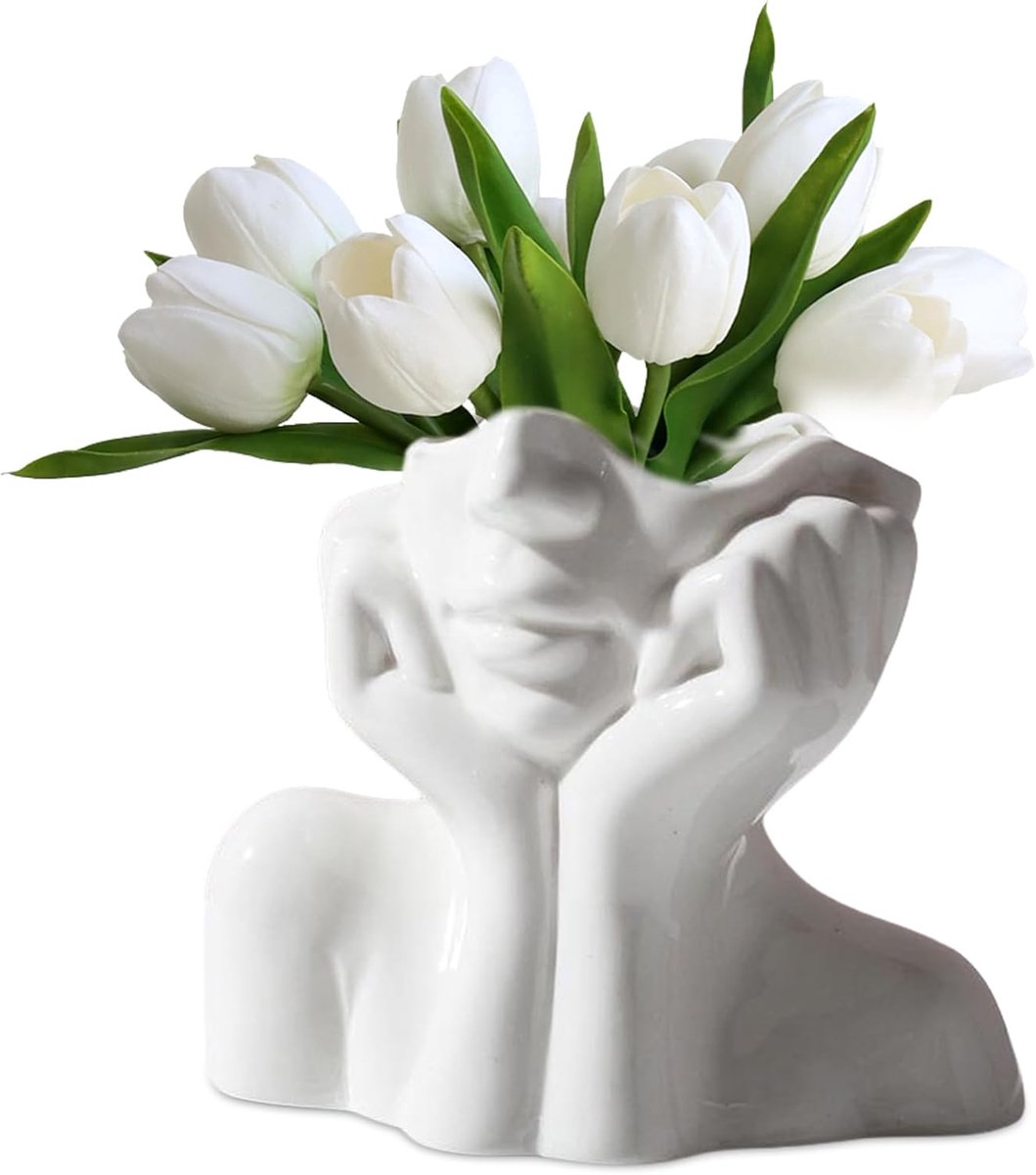 SnelShoppen - Witte Keramische Vaas voor Droog Bloemenarrangement - Moderne Gezichtsvaas voor Slaapkamer, Kantoor, Decoratie, 30 cm Hoog