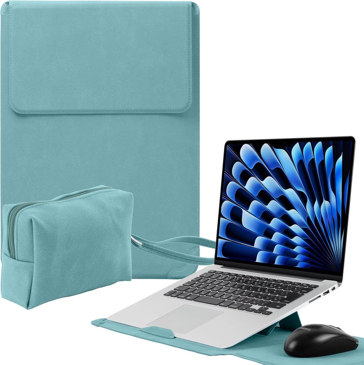 SnelShoppen - Beschermende Laptophoes 15-16 Inch met Standaard voor MacBook Pro en Air, Matte PU-Lederen Hoes in Blauw, Ideaal voor Bescherming en Geb