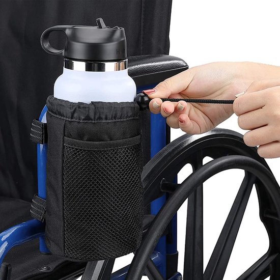 2 stuks - Bidonhouder fiets - Oxford Fleshouder - Oxford stof drinkhouder met klittenband - Bekerhouder buggy - with Mesh Pocket and Cord Lock - 17,5×8,5cm - Zwart - geschikt voor fiets, rolstoel, buggy en golfkar — afbeelding 4