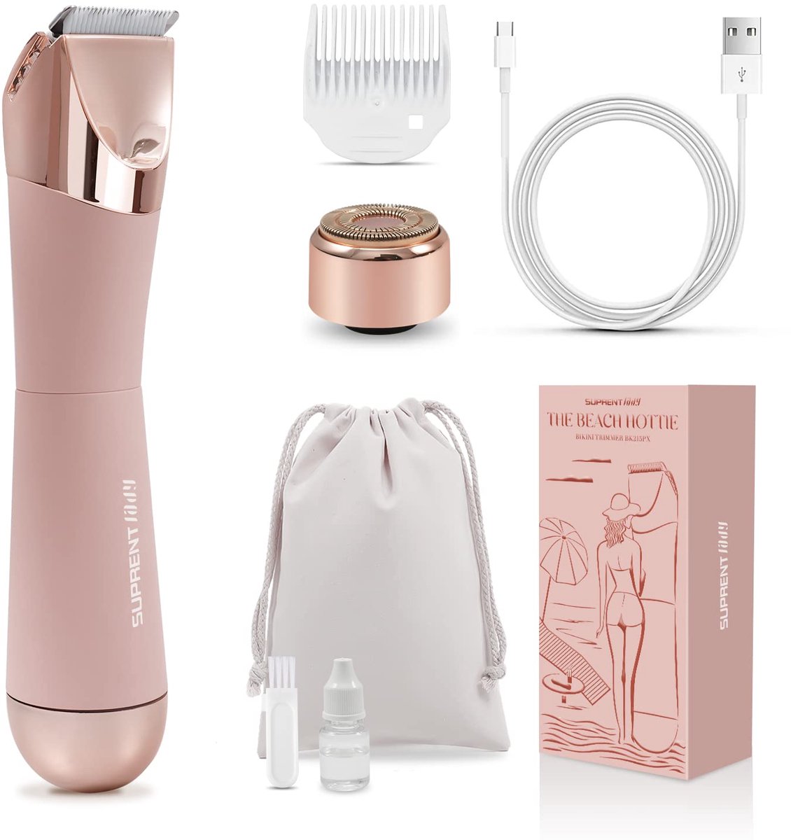 SnelShoppen - 2-in-1 Bikini Trimmer Vrouwen - Gezichtshaarverwijderaar USB-C Scheerapparaat met Dubbele Hoofd, Voor Schaamhaar, Lippen, Oksel en Licha