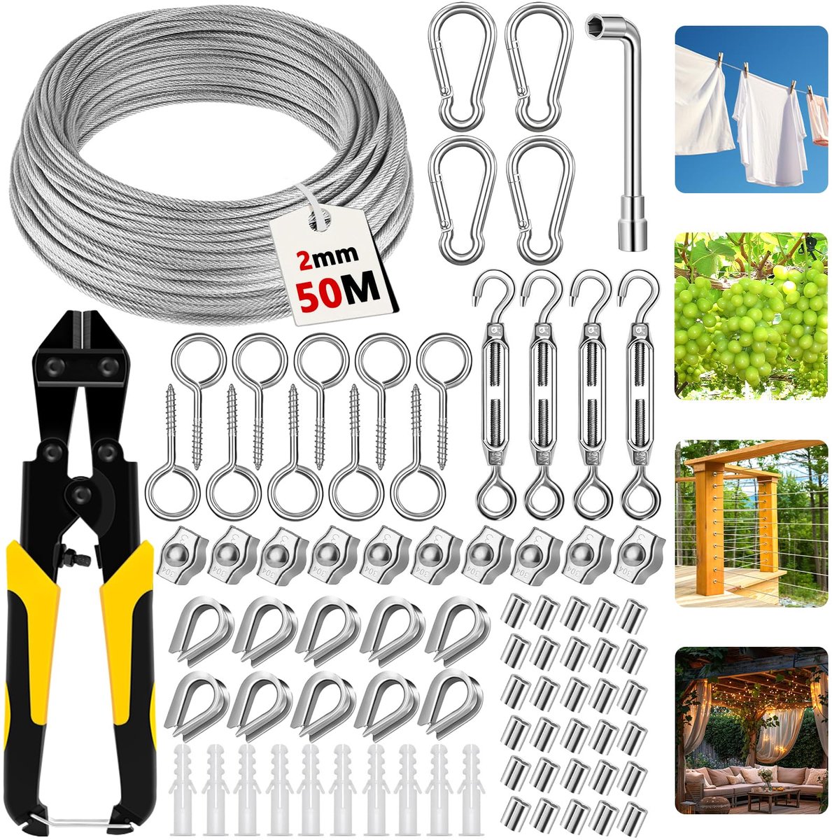 SnelShoppen - 81-delige staalkabel kit 2 mm x 50 m, roestvrijstalen draadkabel, spankabel met ogen, ideaal voor gordijntouw, waslijn en klimplanten