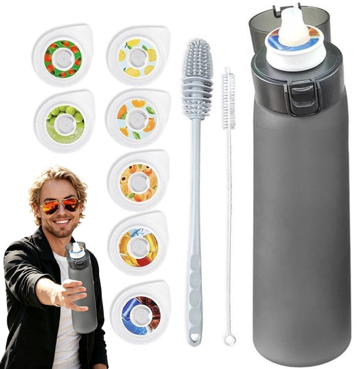 Luchtwaterfles - 650 Ml - Met 7 Smaakcapsules - Bpa-Vrij - Lekvrij - Milieuvriendelijk - Perfecte Hydratatie Voor De Sportschool - Kantoor - Reizen En Buitenavonturen - Met 2 Komborstels - Matzwart