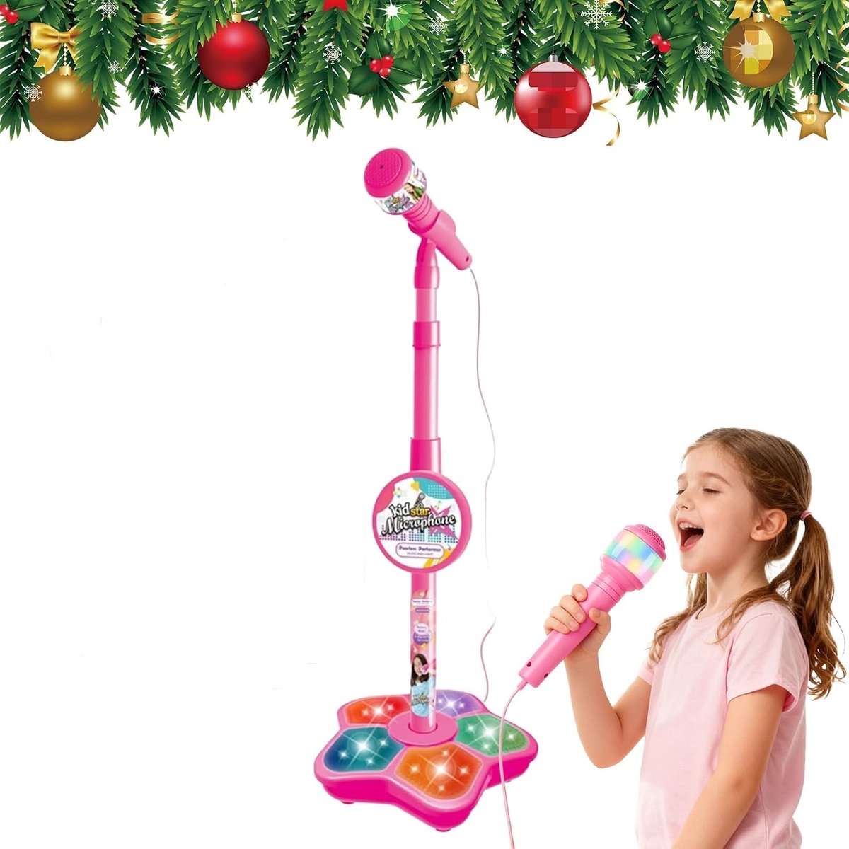 Roze Karaokemicrofoon voor kinderen met verstelbare standaard – draagbare microfoon om mee te zingen, in hoogte verstelbaar, met knipperende lichtshow in de voet – voor jongens en meisjes van 3 tot 6 jaar