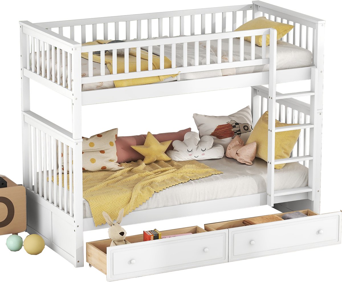 Stapelbed 90x200 cm wit - Houten kinderbed met 2 opberglades - Deelbaar stapelbed van massief grenenhout en MDF - Inclusief lattenbodems