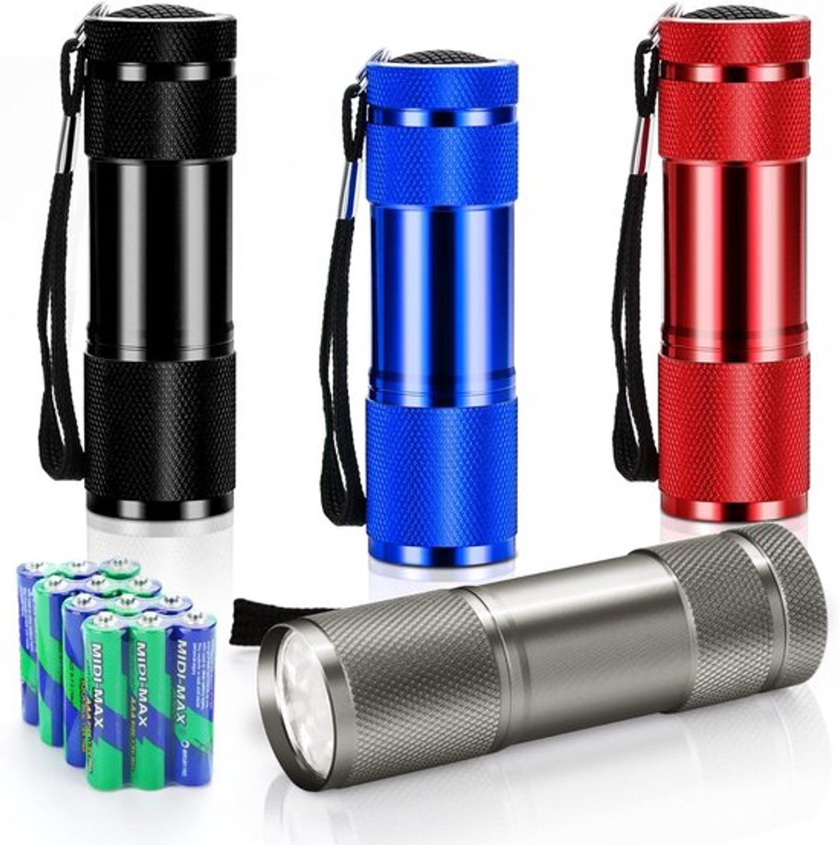 ZVD Set Van 4 Mini Led Zaklampen - Aluminium Kleine Zaklamp - Inclusief 12 Batterijen - Compacte Handzaklamp Voor Kamperen En Noodgevallen - Heldere Zaklampen Set Voor Kinderen En Buiten - Multi Color