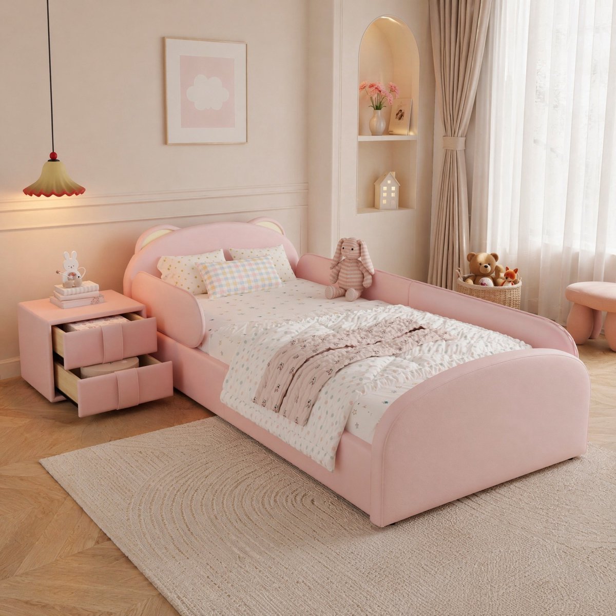 DESMIU Gestoffeerd Bed 90x200 cm – Kinder Eenpersoonsbed Met Beer Vormig Hoofdbord – Met Nachtkastje En Lade – Zonder Matras – Kunstleer – Roze
