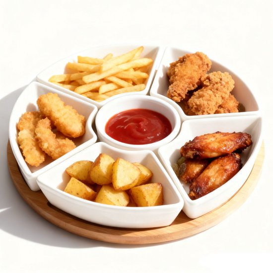 Witte serveerschaal met 6 vakken en een middenbakje voor saus, gevuld met friet, kipnuggets, aardappelpartjes en kipwings.