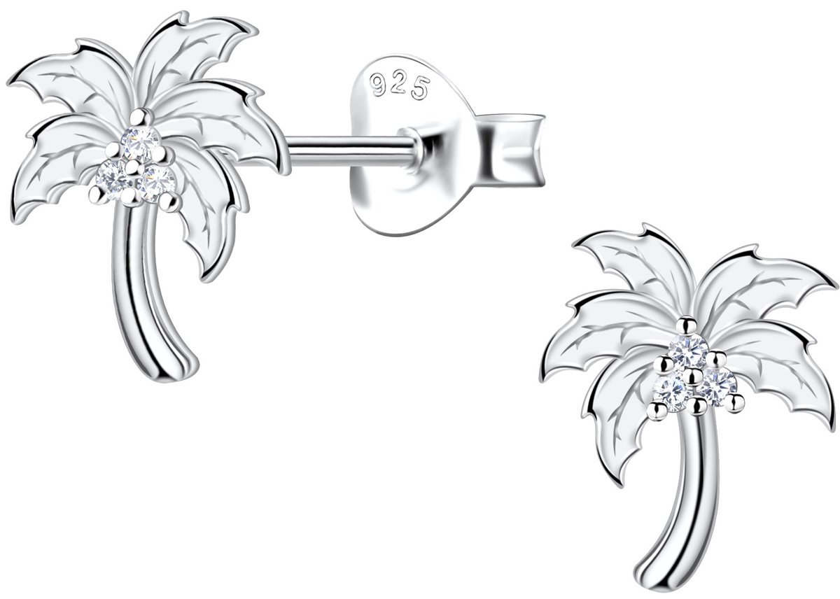 Joy|S - Zilveren palmboom oorbellen - 8 x 9 mm - zirkonia - gepolijst - sterling zilver 925 - tropische boom oorknoppen