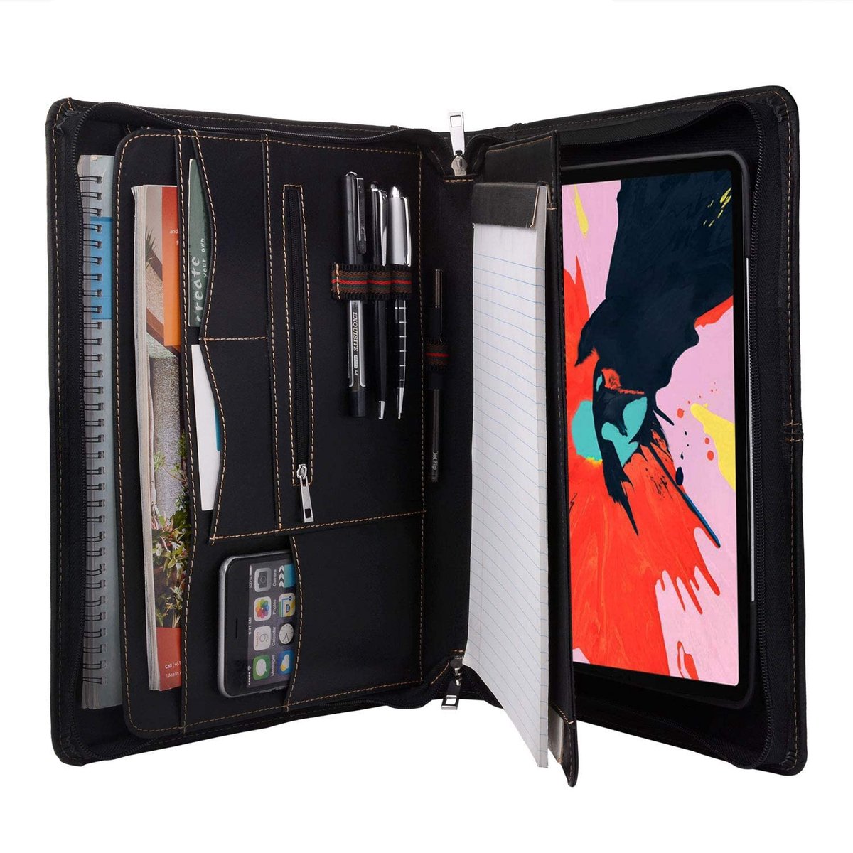 SnelShoppen - Lederen portefeuille met rits, Verwijderbare tablethouder, Padfolio Tablet Case, Standaard, Compatibel met iPad Pro 12.9 inch, Zwart, 19