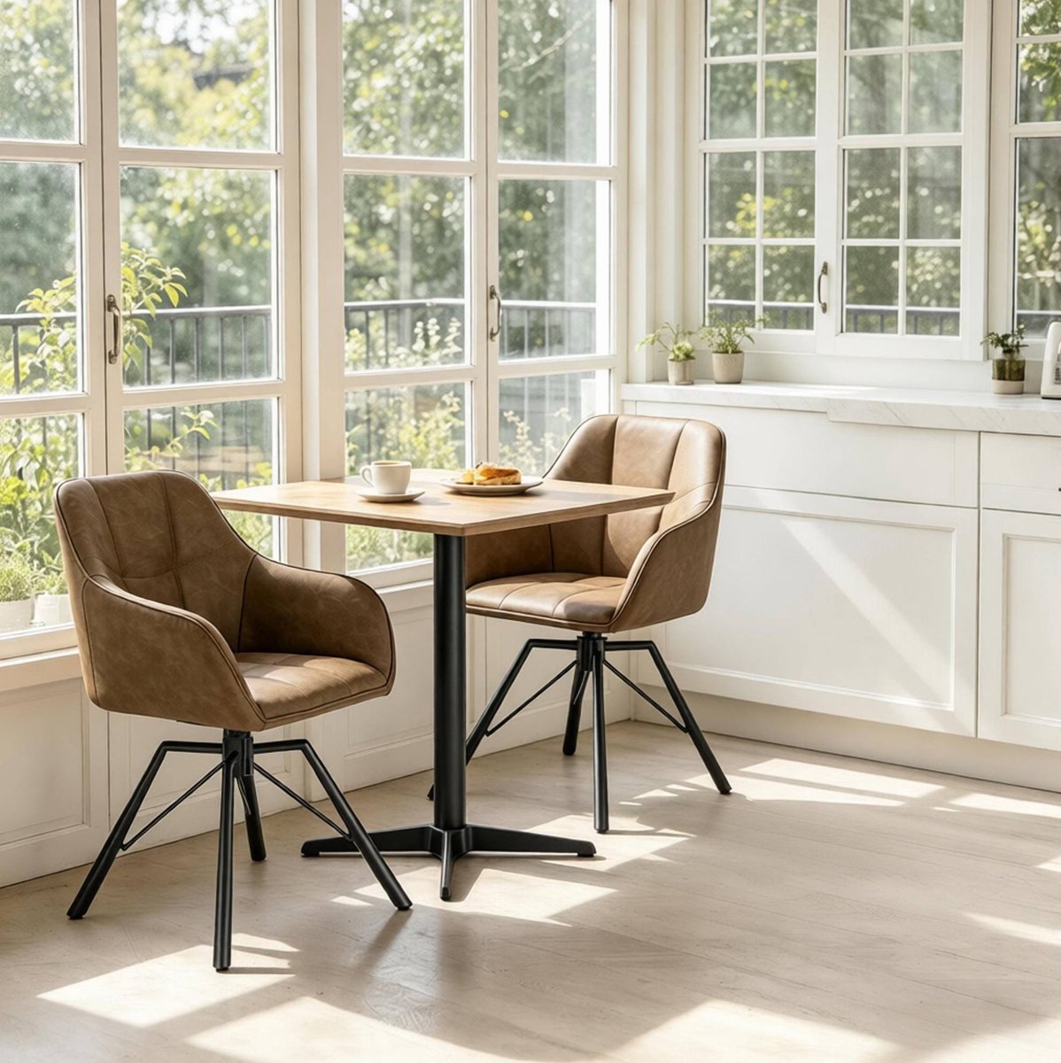 HAUSS SPOLE Eetkamerstoel - Draaibare Armstoel - Set van 2 - Comfortabel met Zachte Zitting en Rugleuning - Voor Keuken en Woonkamer - Kunstleer Bruin