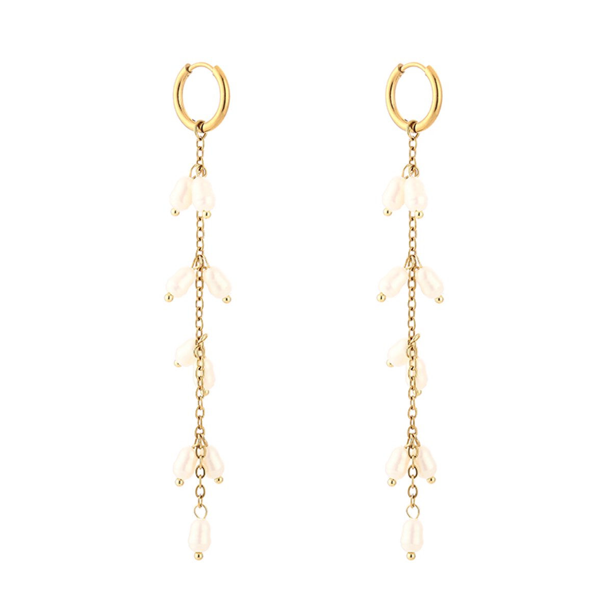 Stainless Steel Long Pearl Cascade Charm Hoops – Luxe Lange Parel Cascade Oorringen – RVS