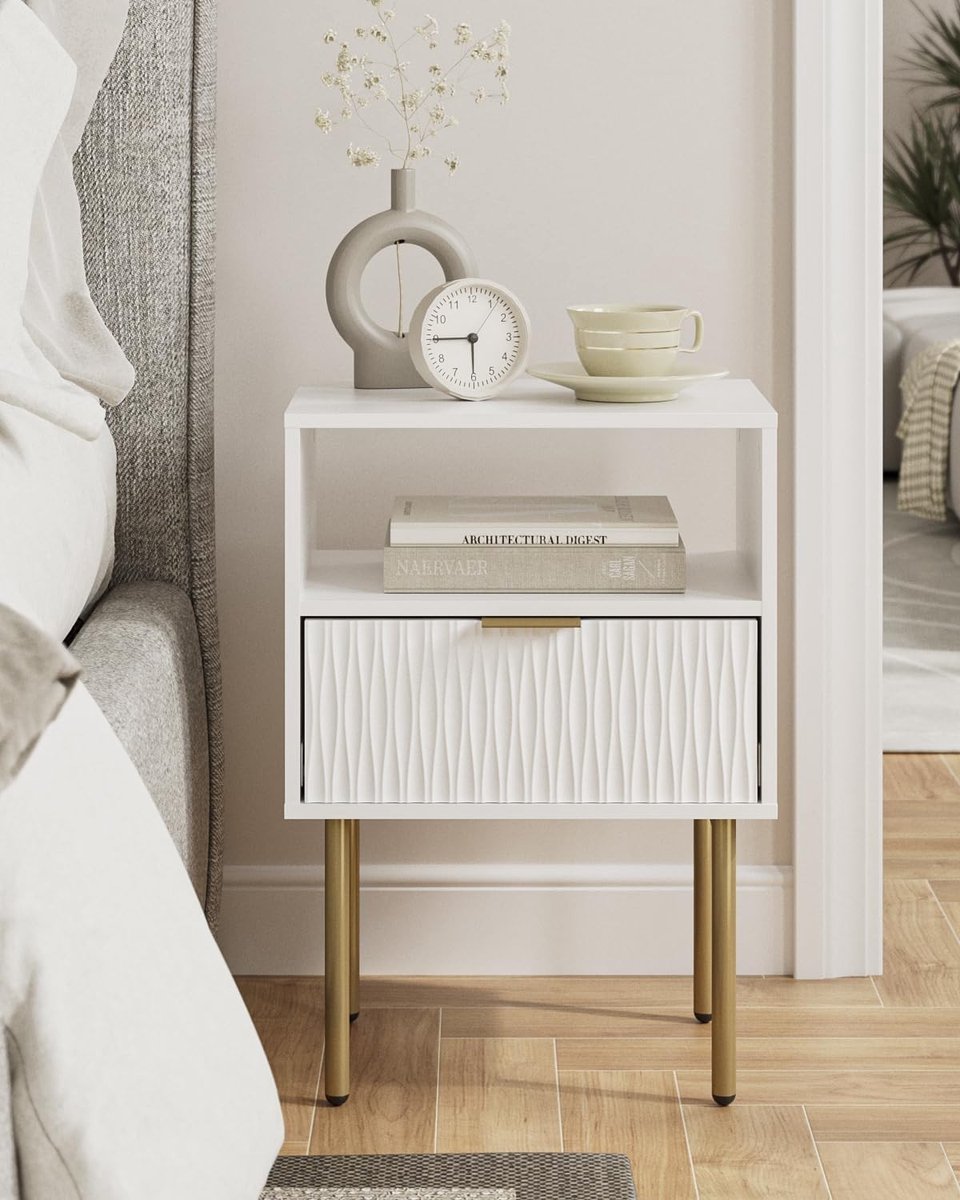 Stijlvol nachtkastje met lade en open rek voor slaapkamer of woonkamer in wit, multifunctioneel en modern design