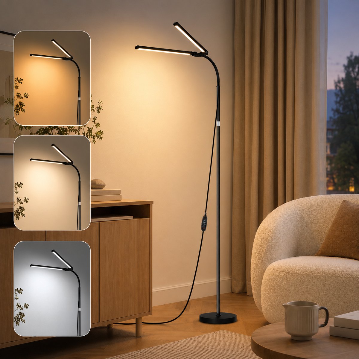 Lapamx LED Staande Lamp Dimbare – Dubbelbrede Vloerlamp met flexibele zwanenhals – 3 Kleur