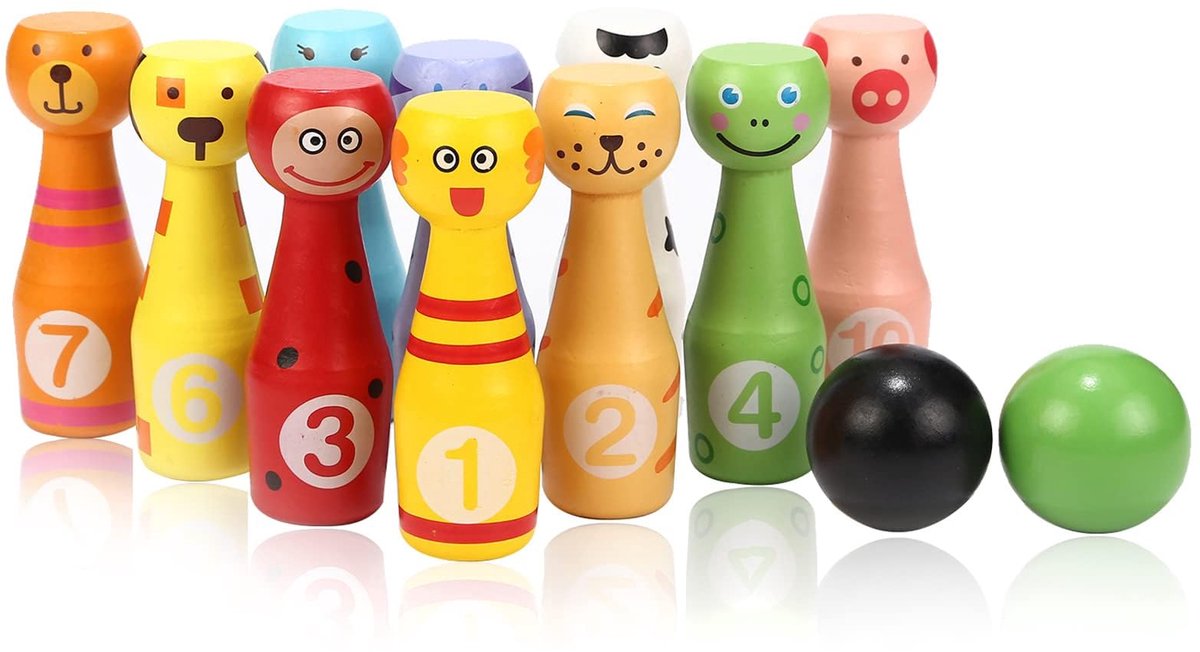 SnelShoppen - Houten Bowling Set Kegelen Speelgoed met 10 Dierenpennen en 2 Ballen - Educatief Speelgoed voor Kinderen 2-5 Jaar - Perfect Cadeau voor