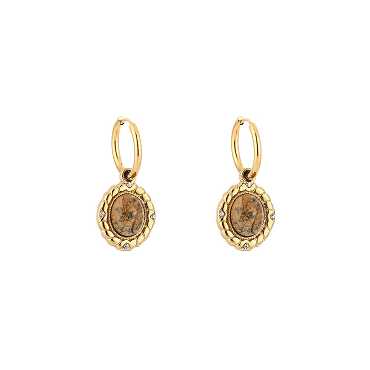 Stainless Steel Vintage Boho Oval Gemstone Charm Hoops – Luxe Boho Ovaal Natuursteen Oorringen – RVS - Tiger