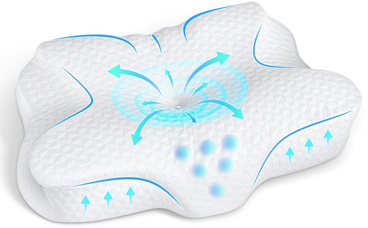 Konsoefuly Ergonomisch Hoofdkussen - 100% Traagschuim - Orthopedisch Nekkussen - 60x40cm - 4 Hoogtes - Vlinderkussen - Geschikt voor alle slaaphoudingen - Wit