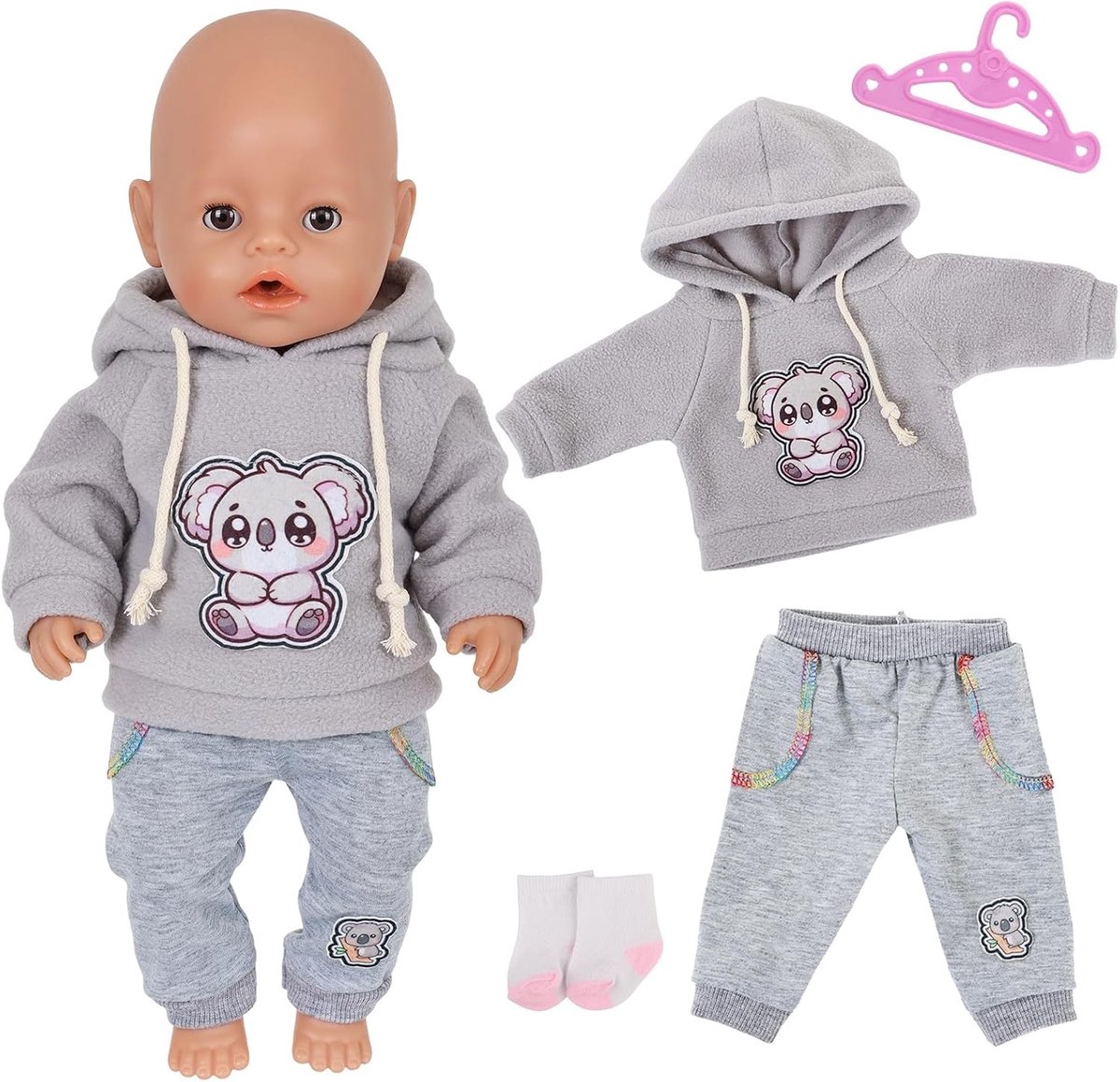 Schattige Kledingaccessoires voor Baby Poppen van 35-45 cm, Inclusief Grijze Koala Hoodie, Broek en Sokken, Perfect voor Speelgoed en Verkleedplezier