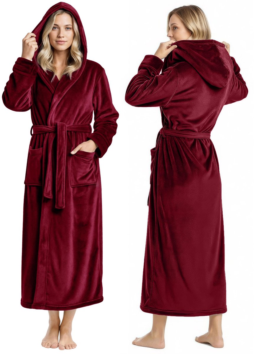 SnelShoppen - Dames Badjas met Capuchon - Pluche Lange Fleece Badjas - Bourgondy - XL - Ideaal voor Thuis, Wellness, en Ontspanning