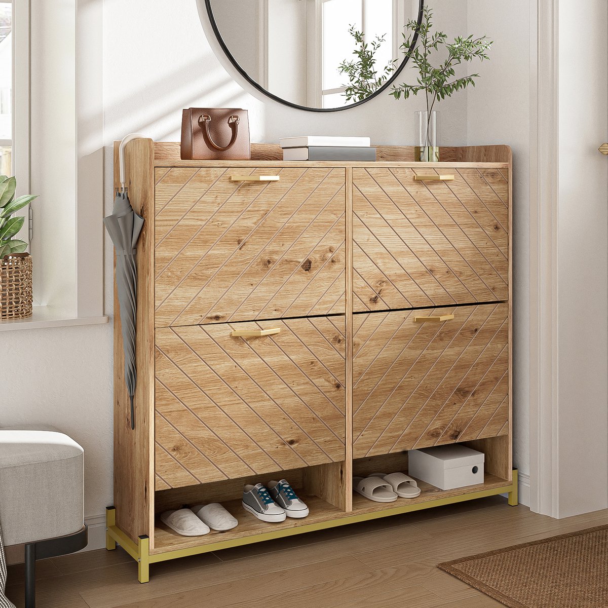 Schoenenkast - 4-deurs kast in houtlook met metalen poten - 108,5x100x24 cm - Houtlook