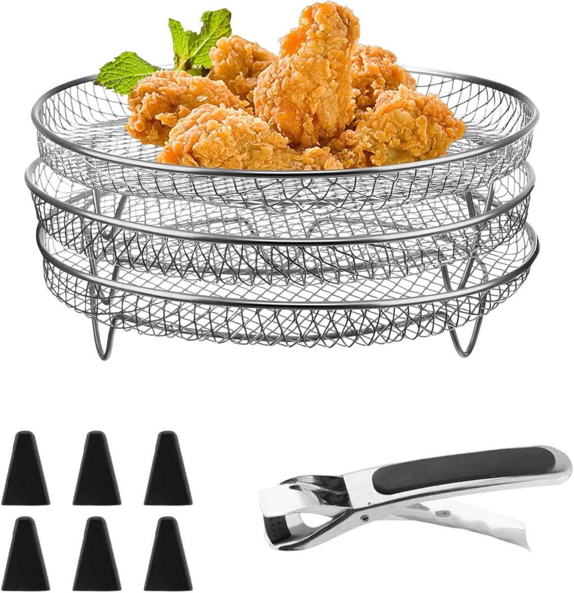 Stapelsgewijze RVS Airfryer Mandjes met Siliconen Voetjes en Antislip Clips, Ø 20 cm, Ideaal voor Bakken en Koken