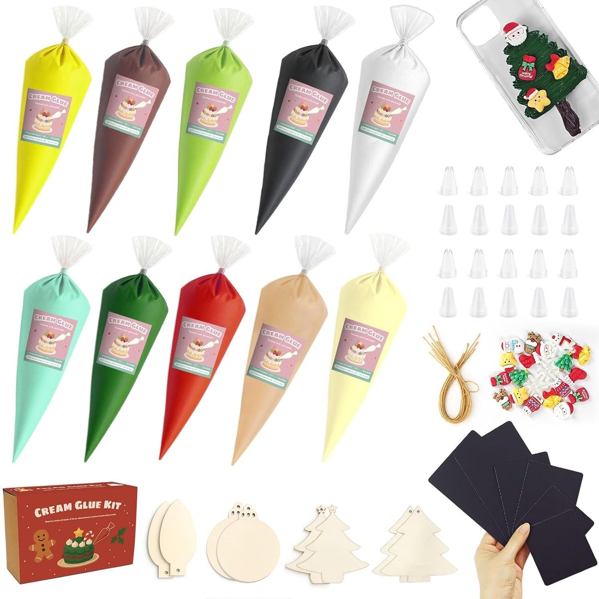 Kerstcreme lijmset voor DIY telefoonhoesjes en ambachten, 10 stuks lijm, 24 kerstdecoraties, 6 koelkastmagneten en spuitmondjes