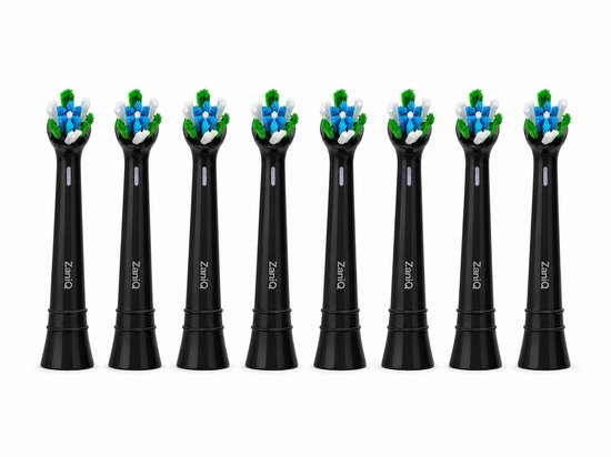 Zes zwarte ZaniQ opzetborstels, elk met witte, blauwe en groene borstelharen.