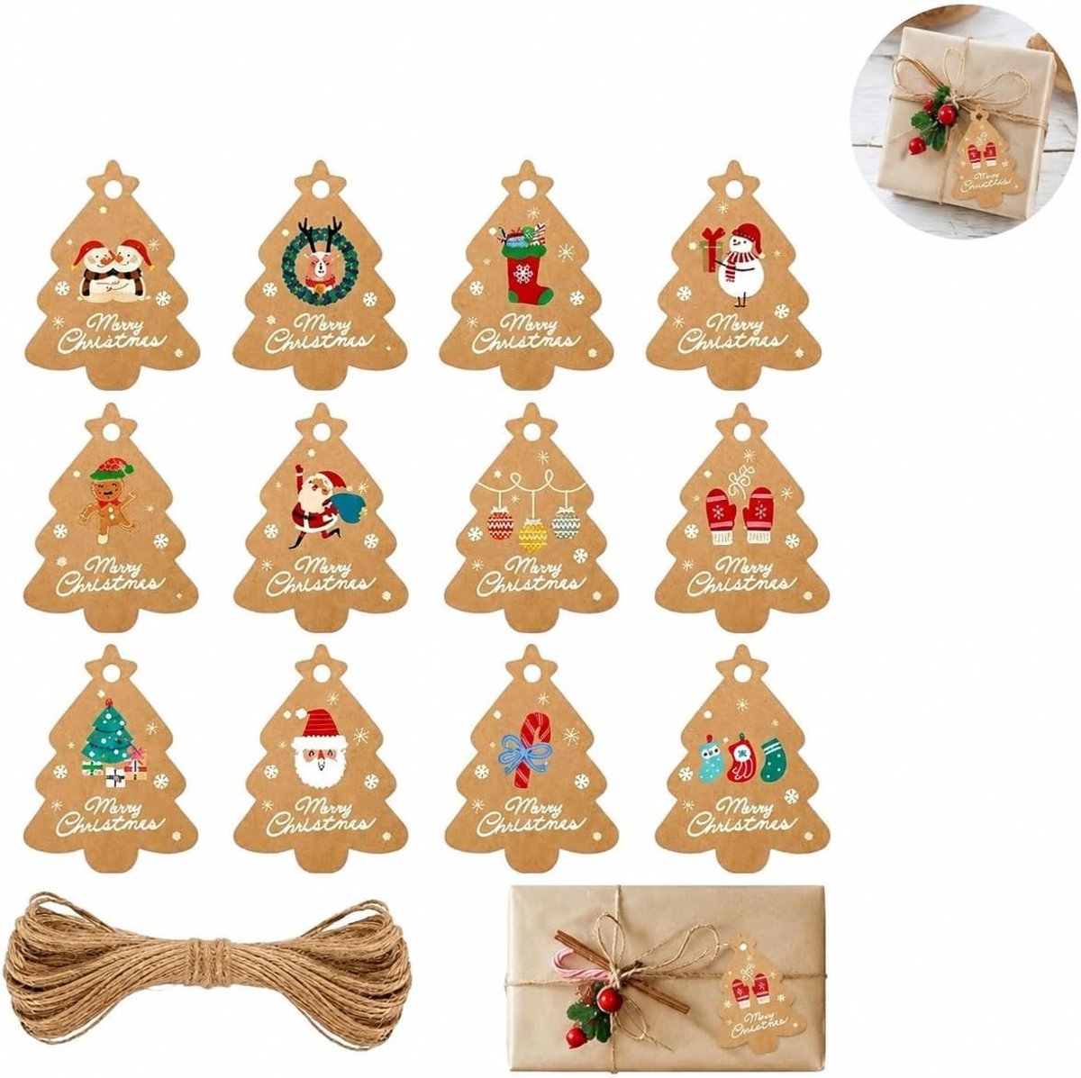 Kerstcadeau Labels 48 Stuks van Kraftpapier met Touw - 12 Unieke Ontwerpen voor een Persoonlijk Tintje