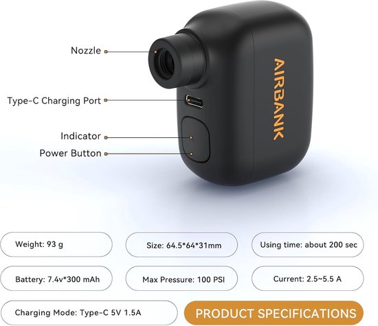 SnelShoppen - AIRBANK Mini-fietspomp Pocket SE, 100 psi elektrische fietspomp voor racefietsen, draagbare fietspomp voor Schrader- en Presta-ventielen — afbeelding 4
