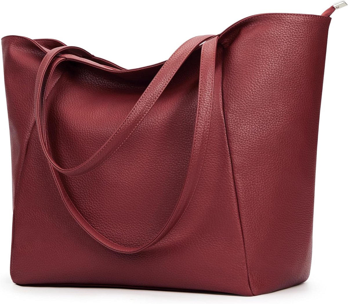 SnelShoppen - Grote Handtas Dames, Shoppertas PU-leer met Ritssluiting, Ruime Schoudertas voor Werk, Winkelen, School, Zwart