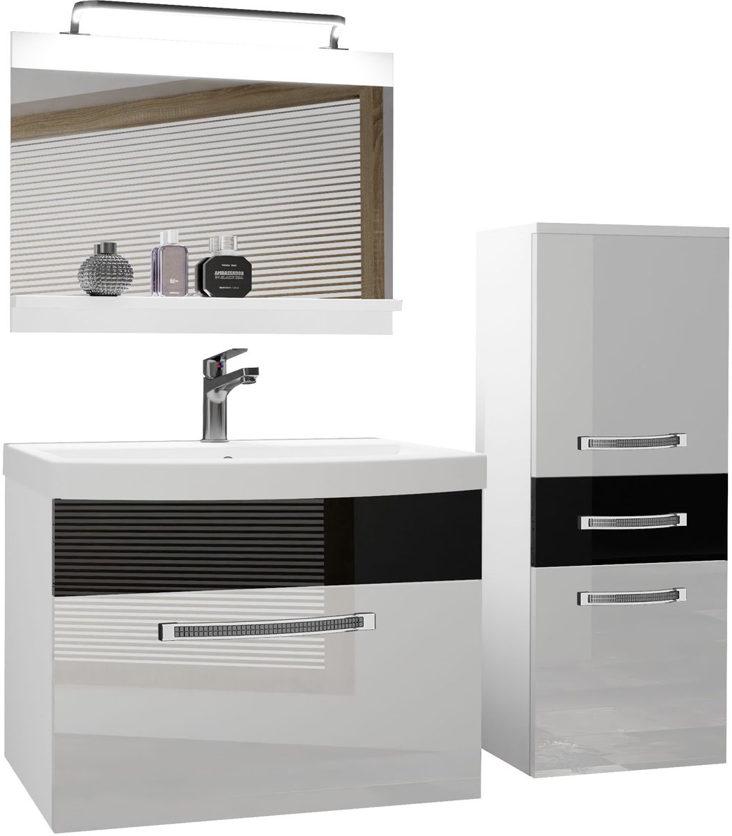 BELINI Badkamermeubel Set GLA P 2 - Badmeubelset 100 cm Wit/Zwart Hoogglans met Wastafel, Spiegel en LED Lamp - Wandmontage