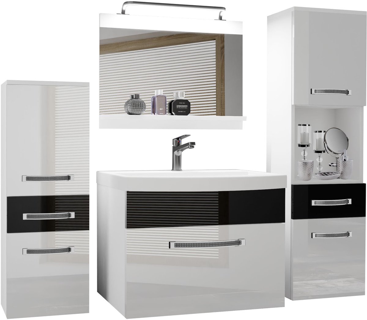 BELINI Badkamermeubel Set GLA P 5 - Badmeubelset 140 cm Wit Zwart Hoogglans met Wastafel, Spiegel en LED Lamp - Wandmontage