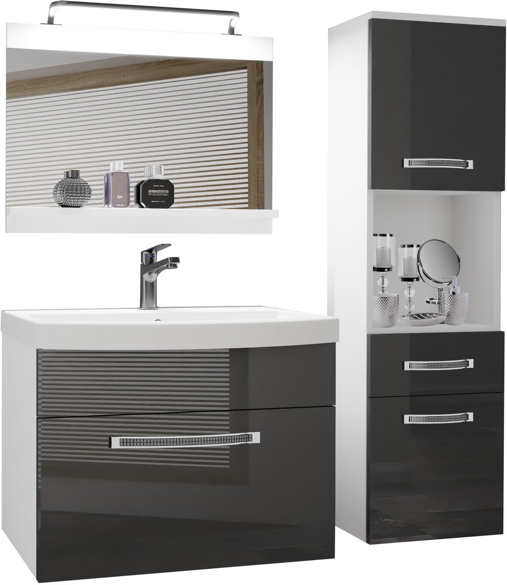 BELINI Badkamermeubel Set GLA P 3 - Badmeubelset 100 cm Grijs Hoogglans met Wastafel, Spiegel en LED Lamp - Wandmontage