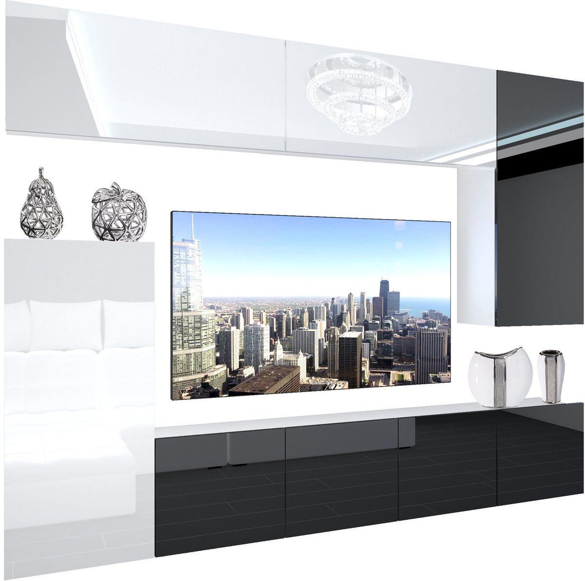 BELINI Wandmeubel NEX 8 - TV-Wandkast Set met LED-Verlichting Wit / Zwart - Hoogglans Fronten
