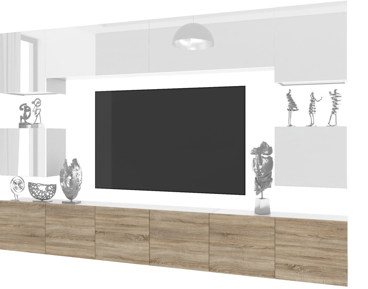 BELINI Wandmeubel Milano 3 300 cm Wit/Sonoma Eiken - TV-Wand Greeploos - Moderne Woonwand met Gasliftsysteem - Modulair TV-Meubel